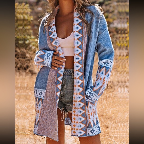 Boho Geo Print Open Front Long Turtleneck Knitted Cardigan Blue - Picture 11 of 11